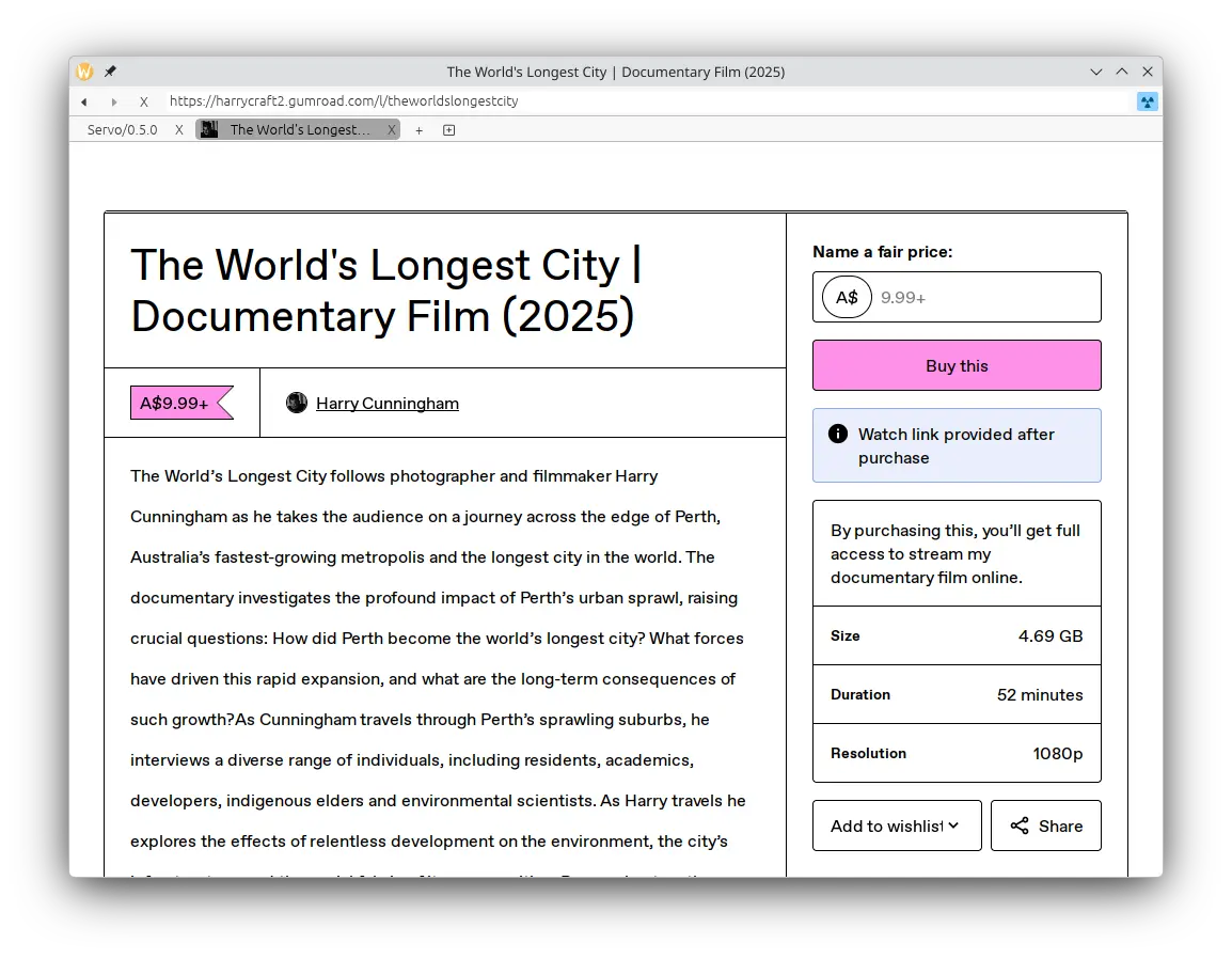 Gumroad product page in servoshell 0.5.0, with everything rendering correctly except the YouTube embed, including product details and purchase form