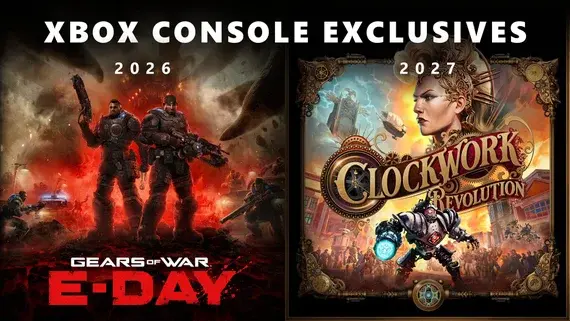 Xbox-infographic-showing-Gears-of-War-E-Days-artwork-with-a-2026-release-and-Clockwork-Revolutions-artwork-next-to-it-with-a-2027-release