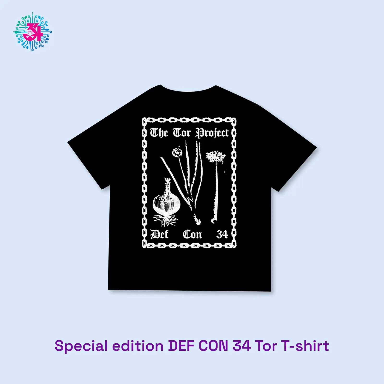 A black T-shirt with white onion and floral print against a light blue background.