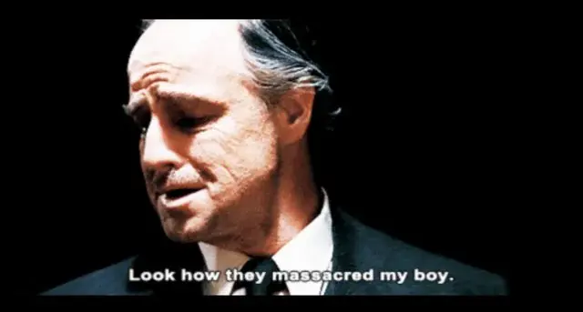Still from The Godfather (1972), where Vito Corleone says "Look how they massacred my boy."