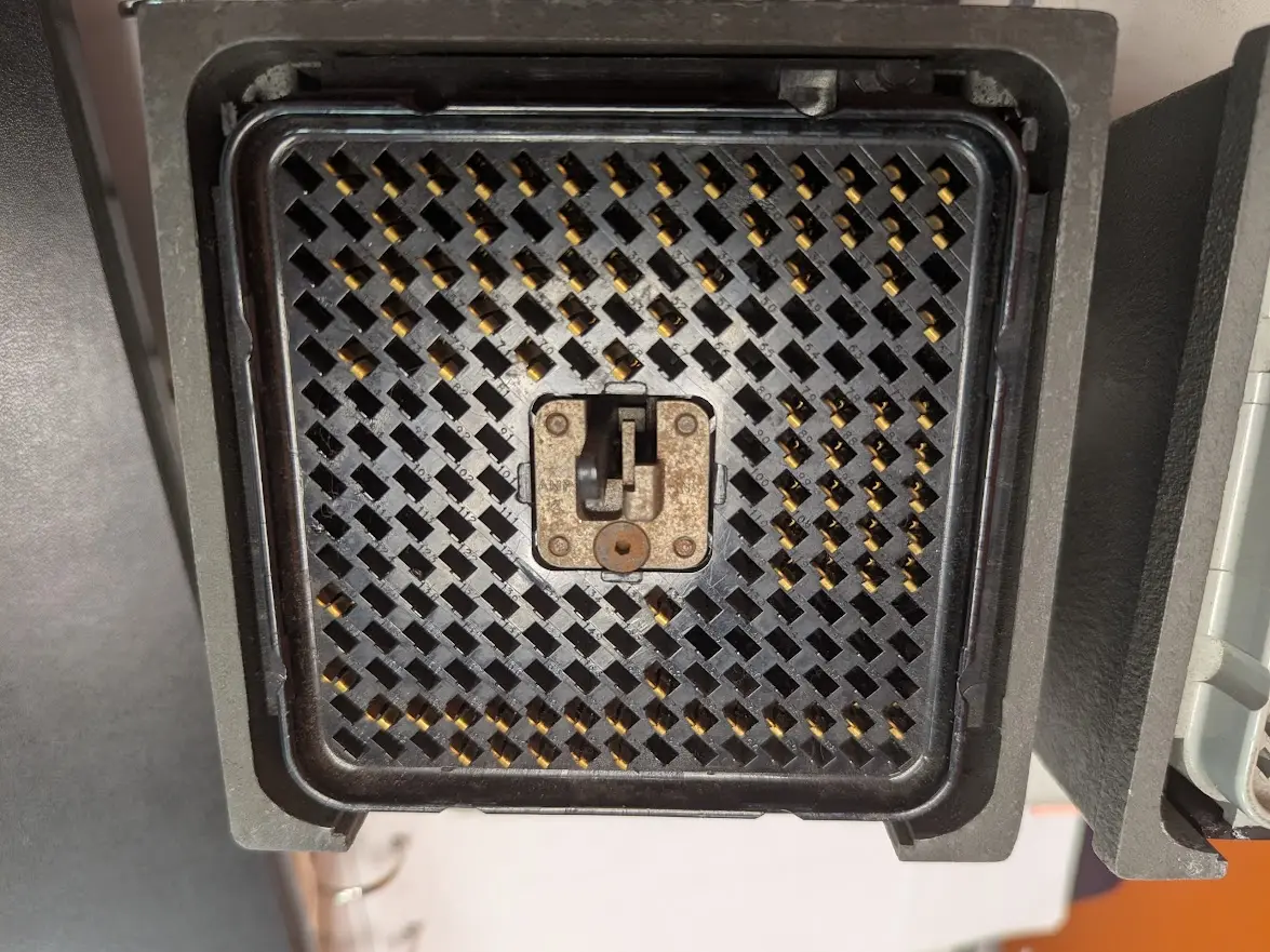 back of a waffle connector showing that only some of the pins are present