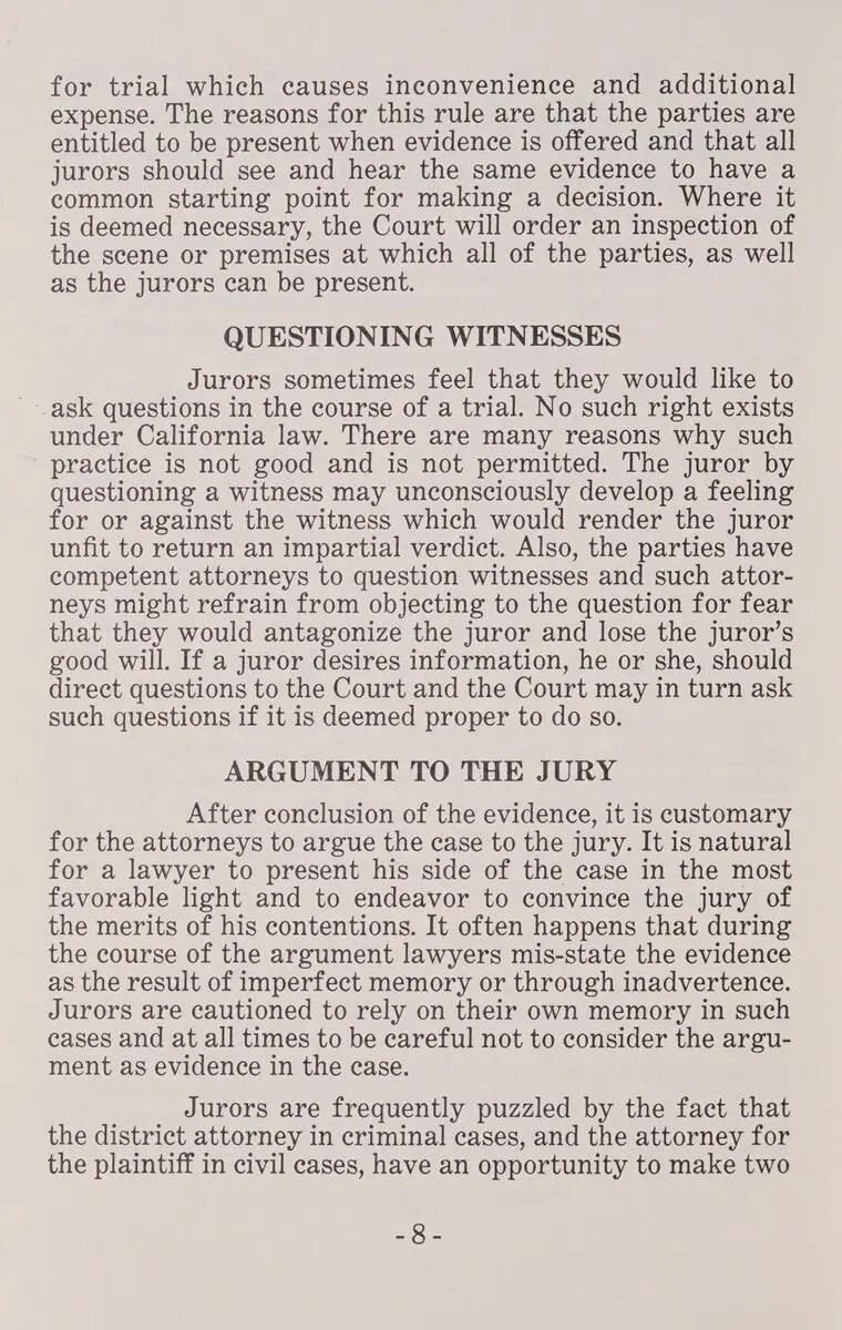 Page 8 of A Handbook for Trial Jurors: “Questioning Witnesses” and “Argument to the Jury.” [1958]
Berkeley, (Calif.) : Municipal Court for the Berkeley-Albany Judicial District