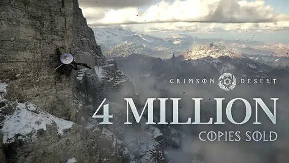 Crimson-Desert-image-showing-Kliff-on-the-side-of-a-cliff-with-the-words-4-million-copies-sold-overlaid-on-top