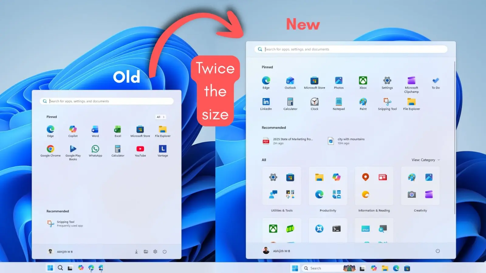 new-Windows-11-Start-menu-is-almost-twice-the-size-of-old-Windows-11-Start-menu