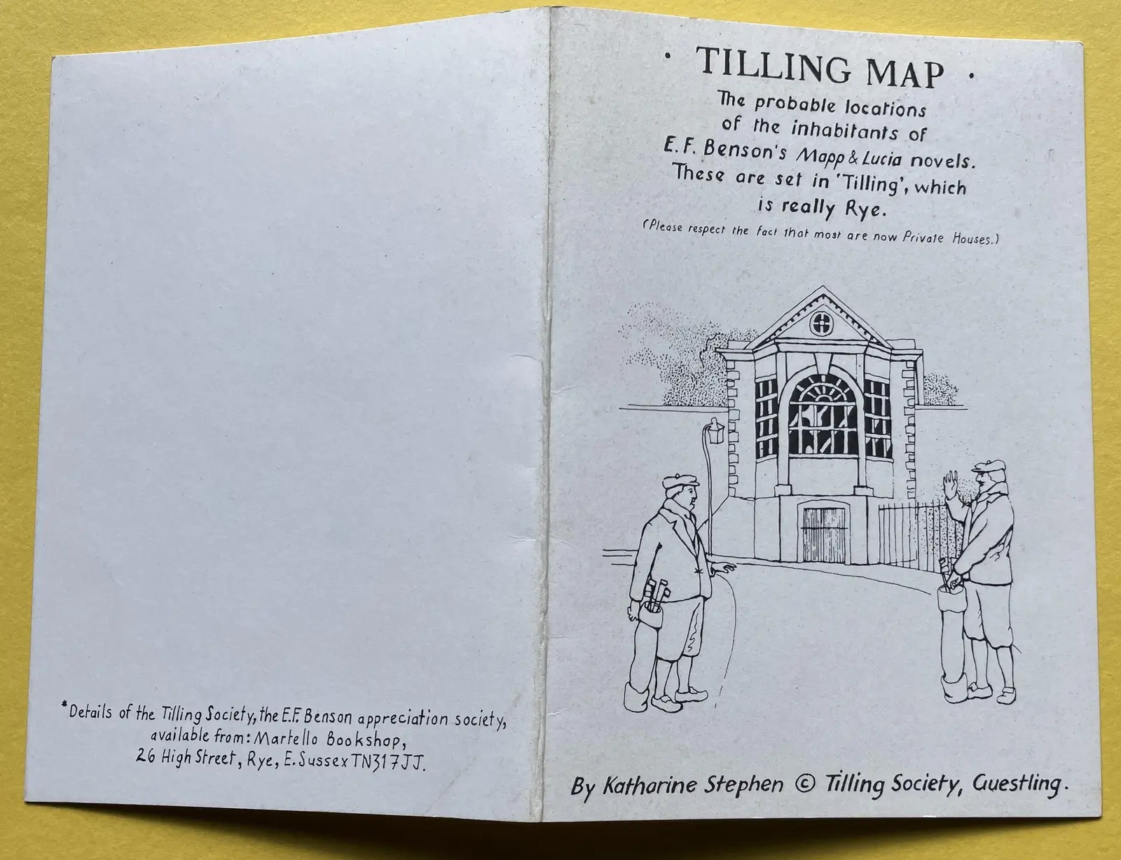 A folded card showing a line drawing of Lamb House, flanked by two golfers in plus fours hailing each other across the street. The text reads TILLING MAP: The probable locations of the inhabitants of E. F. Benson's Mapp &amp; Lucia novels. These are set in 'Tilling', which is really Rye. (Please respect the fact that most are now private houses.)