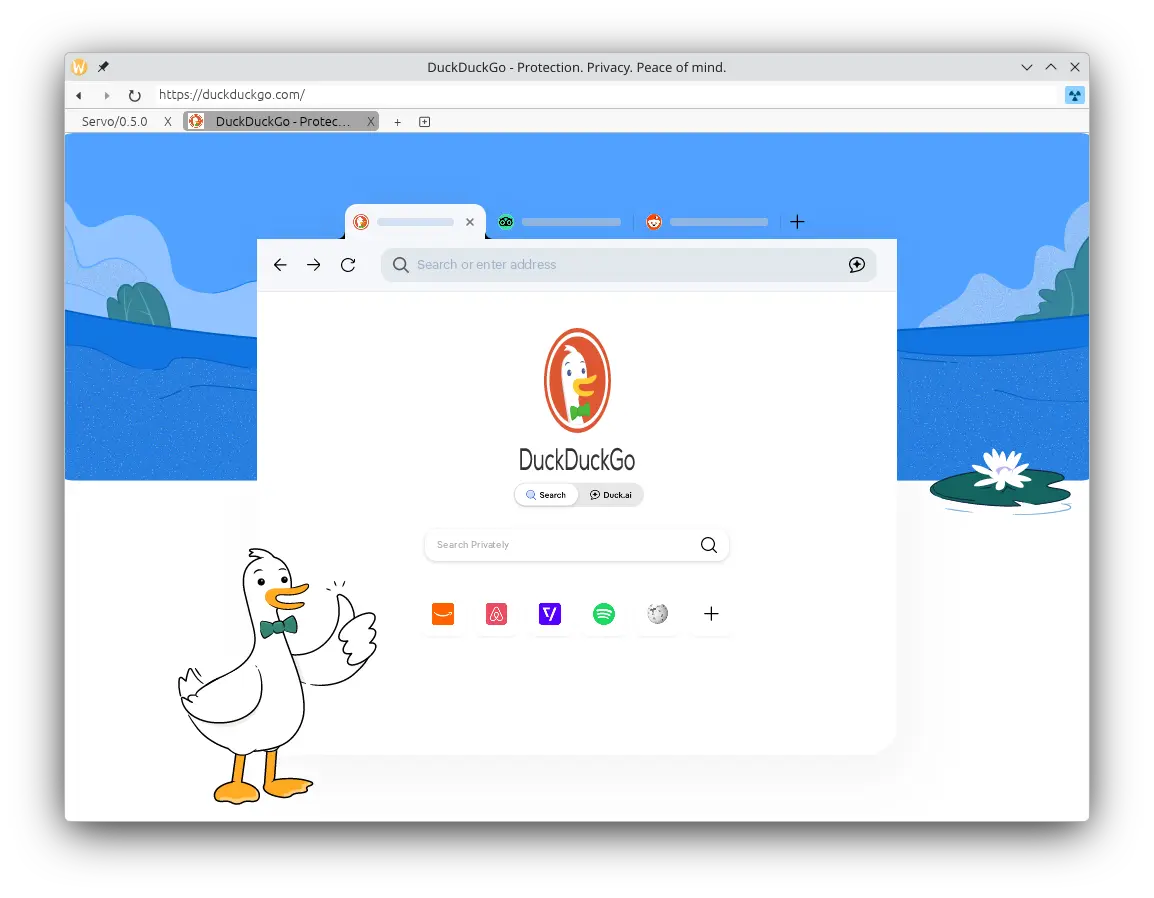 DuckDuckGo landing page in servoshell 0.5.0, with a large drawing of a duck giving a thumbs up