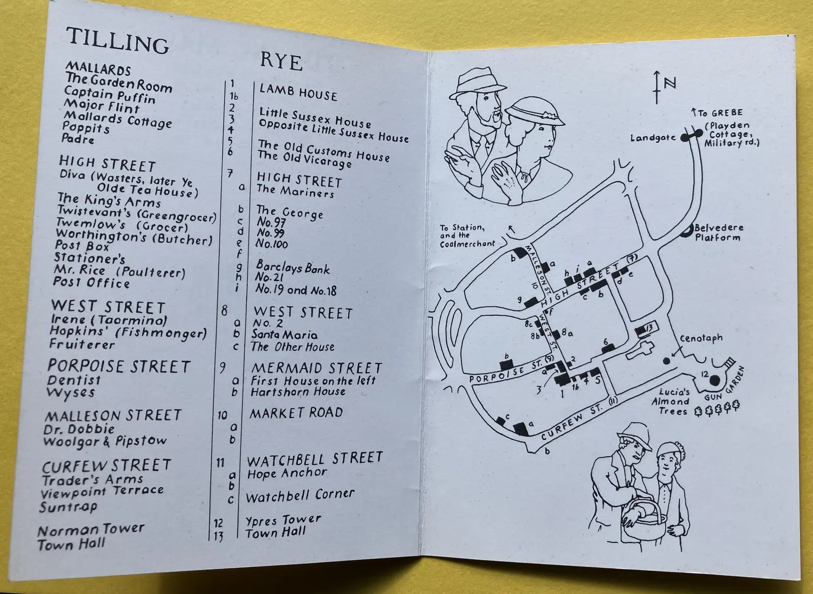 On the right is line map of the principal streets in Rye, with the houses of the characters marked in black. On the left is a detailed index, noting the Tilling names in the novels and their real names in Rye, linked together by their common house numbers.