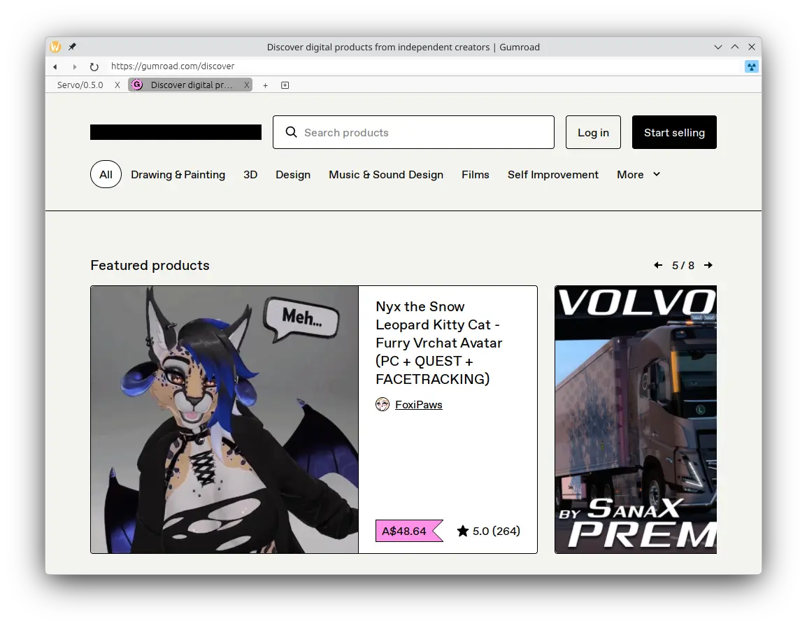 Gumroad Discover page in servoshell 0.5.0, with everything rendering correctly except the logo, including navigation and featured products