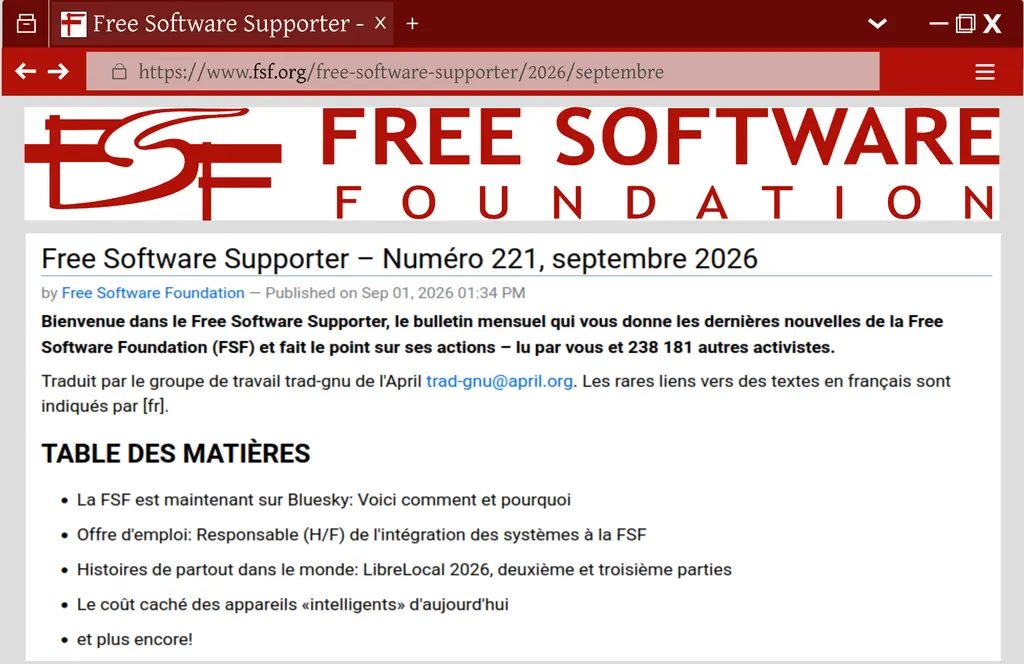 Le Free Software Supporter est disponible en français. Pour voir la version…