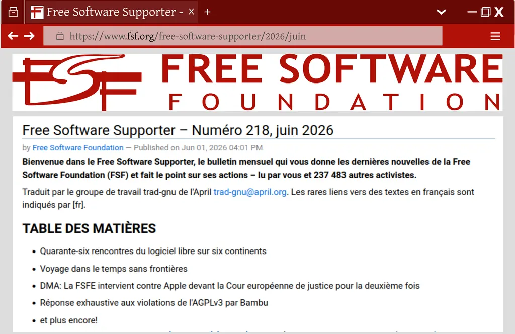Le Free Software Supporter est disponible en français. Pour voir la version…