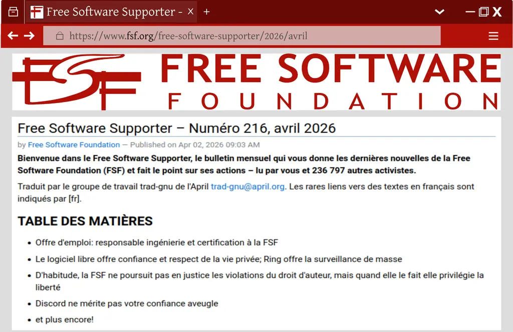 Le Free Software Supporter est disponible en français. Pour voir la version…