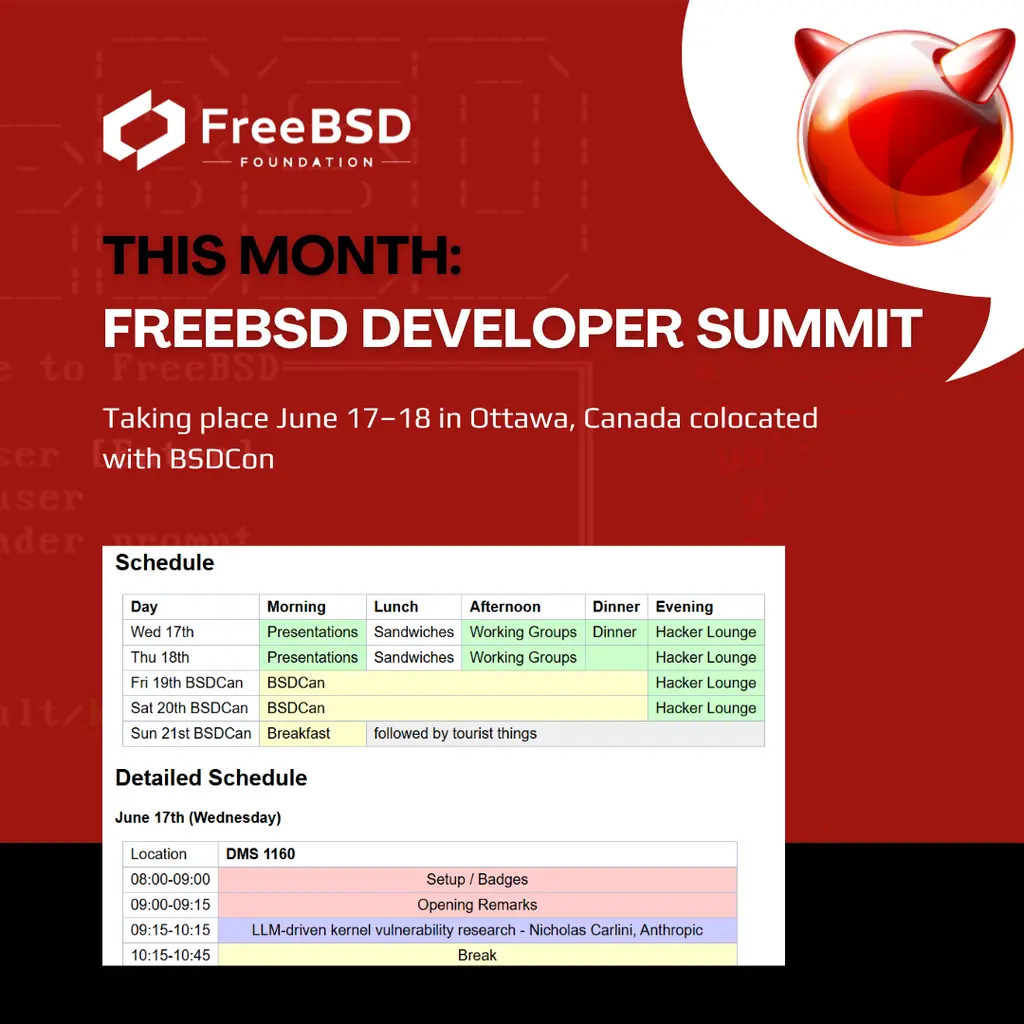 The FreeBSD Developer Summit is happening this month.