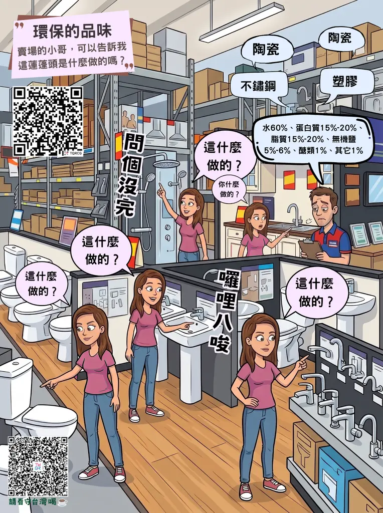 【環保的品味：賣場的小哥，可以告訴我這蓮蓬頭是什麼做的嗎？】