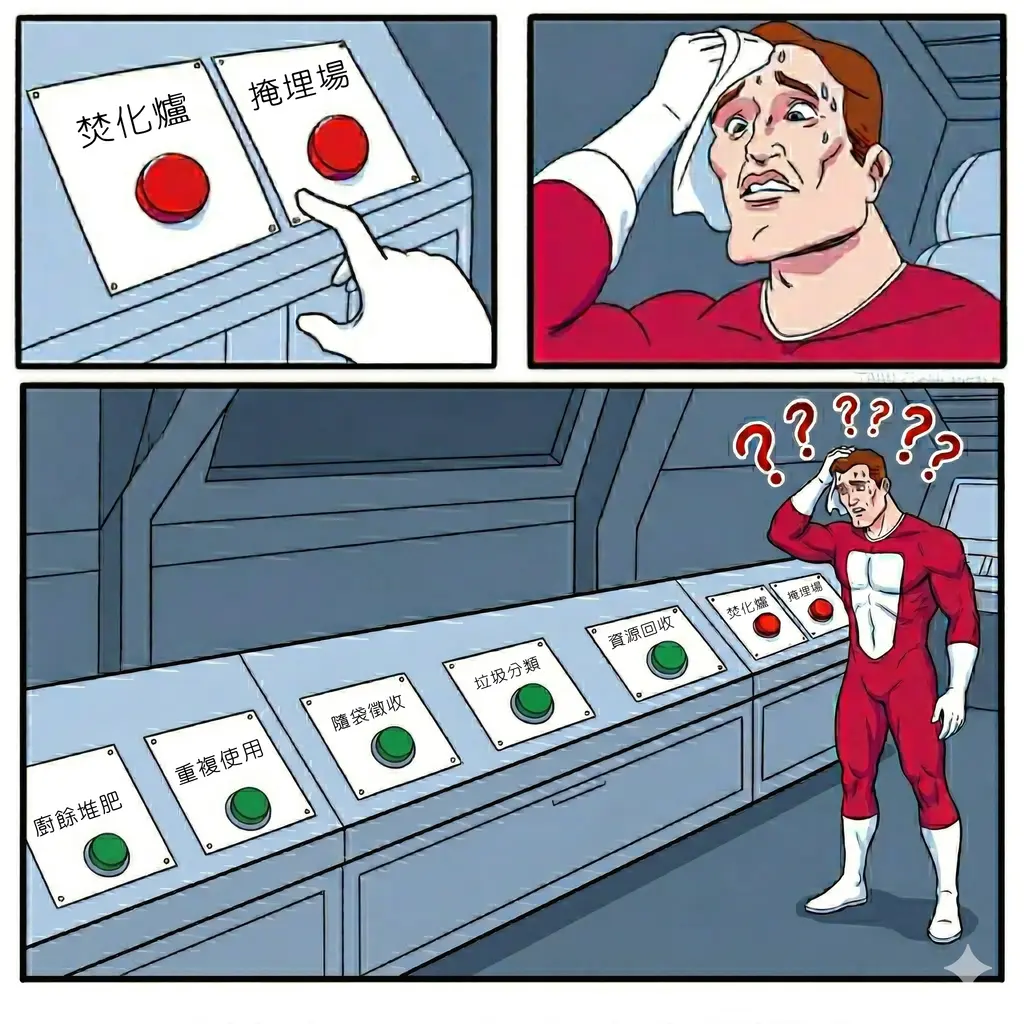 最近偶而會聽到一些討論是先丟結論「只能焚化爐跟掩埋場二選一」、「不要焚化爐就得乖乖接受掩埋場」，是還處於傳統線性經濟的思維嗎，特徵有：