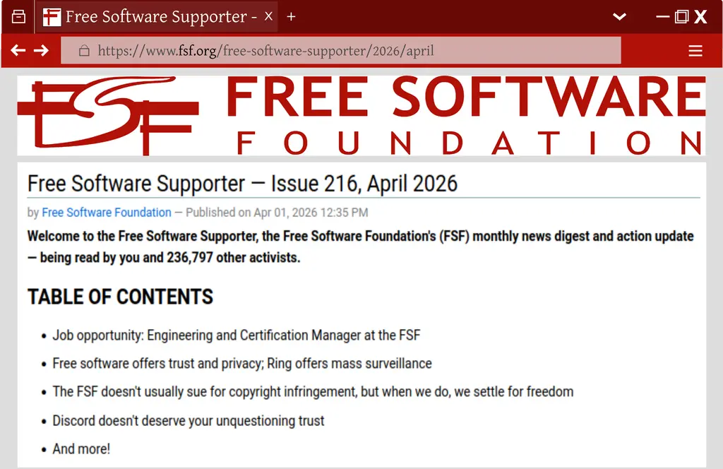 Issue 216 of the #FreeSoftwareSupporter is here! Catch up on April…