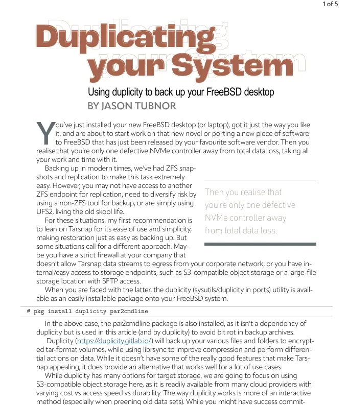 Duplicating Your System: Using Duplicity to Back Up Your FreeBSD Desktop.