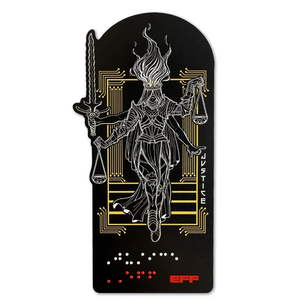 Inspired by the 11th card of the tarot, Justice, this braille sticker…
