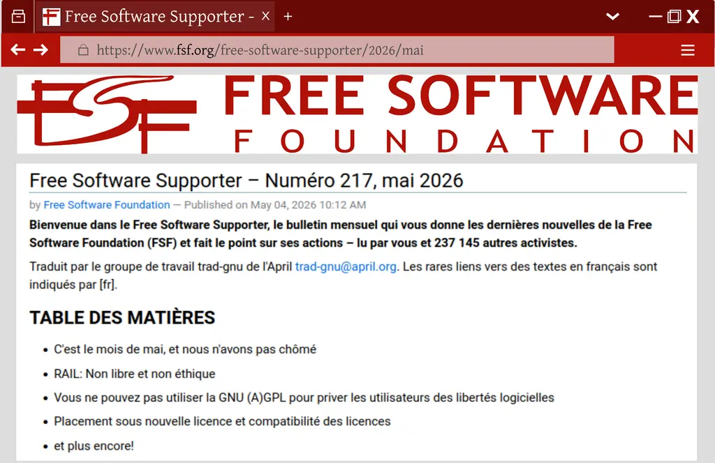 Le Free Software Supporter est disponible en français. Pour voir la version…