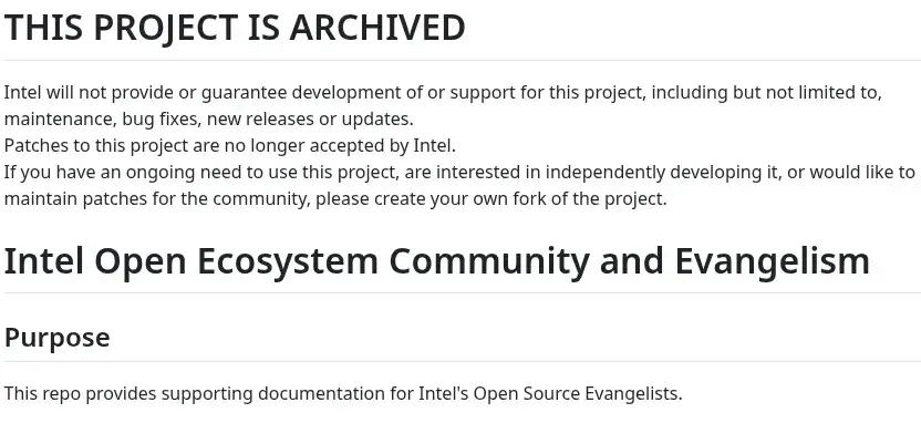 Intel Ends Open Ecosystem Community/Evangelism, Archives Other Open-Source…