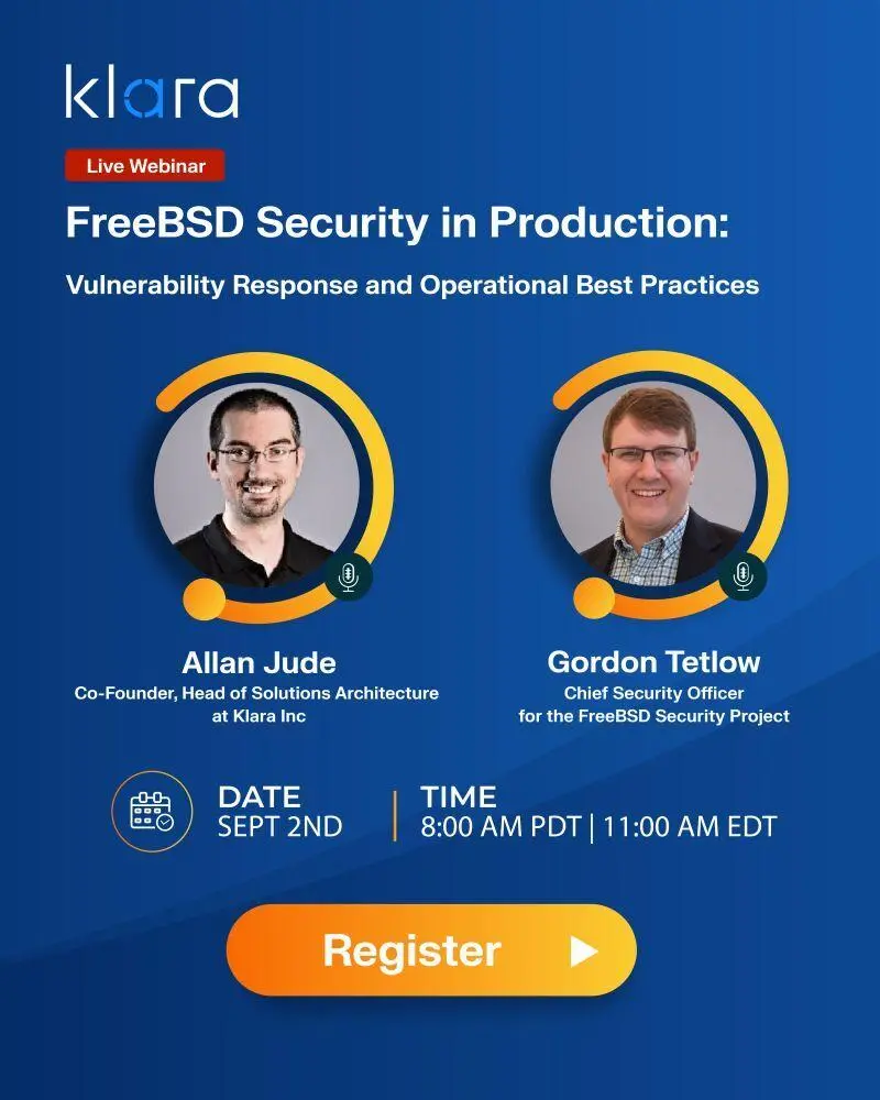 Join Klara's Allan Jude and FreeBSD Security Officer Gordon Tetlow for a…
