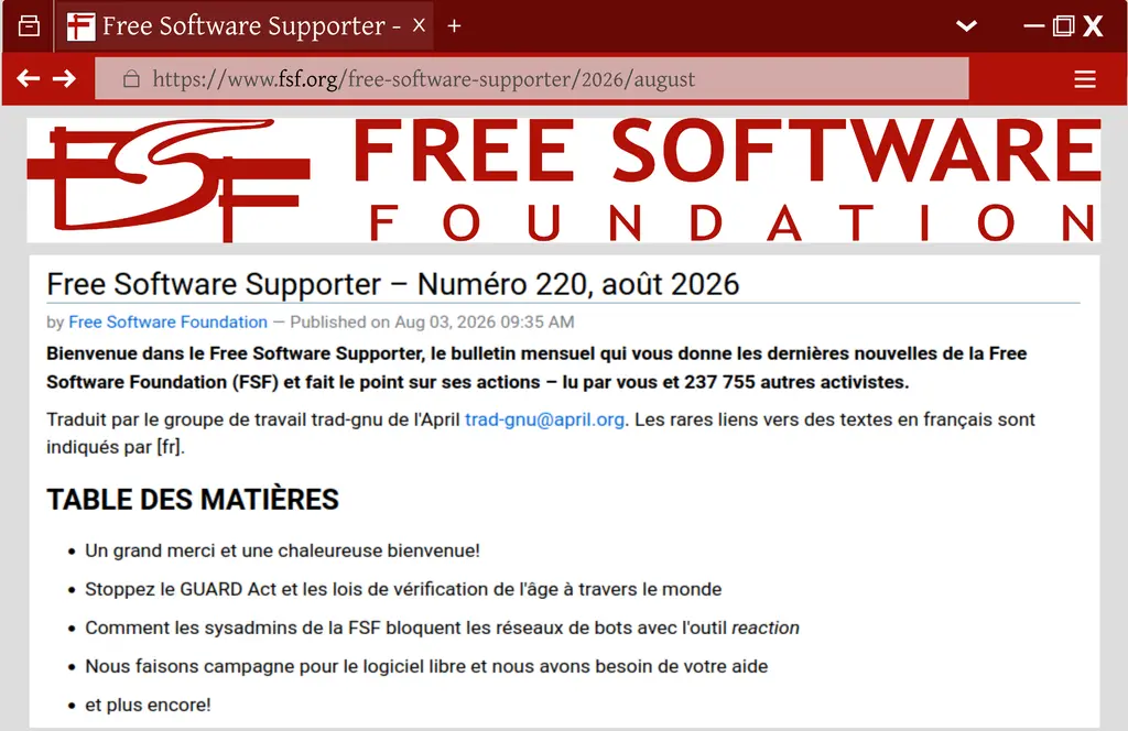 Le Free Software Supporter est disponible en français. Pour voir la version…