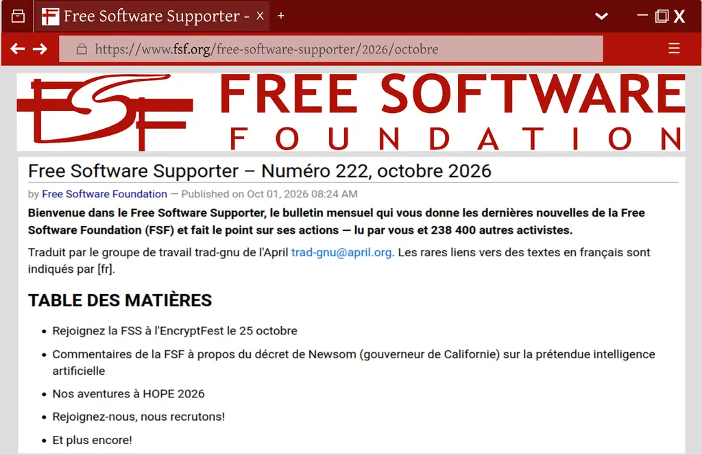 Le Free Software Supporter est disponible en français. Pour voir la version…