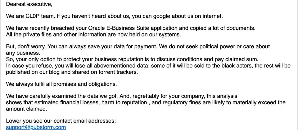 Preview image for 勒索軟體駭客Clop聲稱從多家公司的Oracle E-Business Suite系統竊得資料