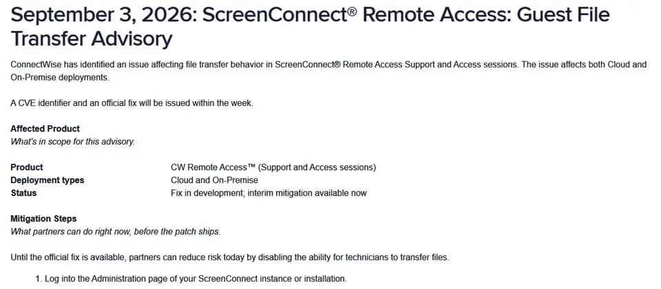 Preview image for ConnectWise揭露ScreenConnect新漏洞，目前未有修補程式