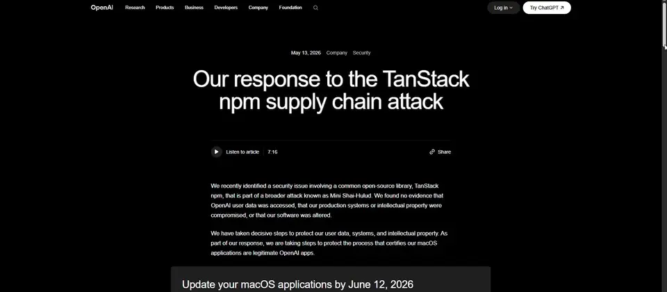 Preview image for OpenAI遭受TanStack供應鏈攻擊波及