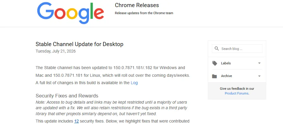Preview image for Google更新Chrome 150穩定版，修補12項高風險漏洞
