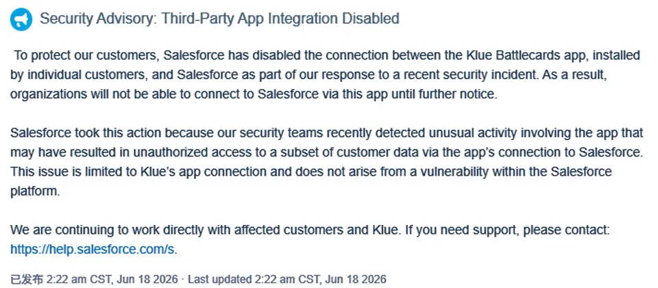 Preview image for Salesforce停用Klue Battlecards應用程式整合，起因是應用程式供應商遭到攻擊