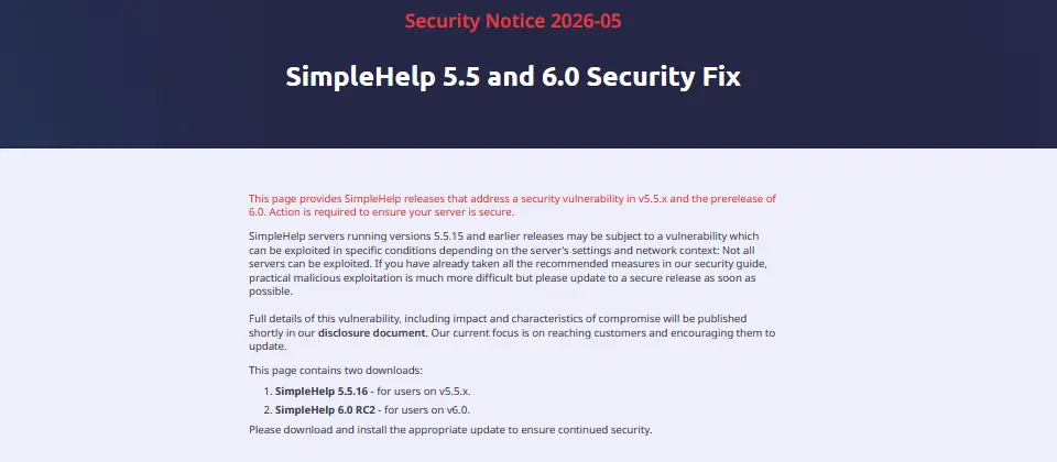 Preview image for 遠端管理工具SimpleHelp修補重大身分驗證繞過漏洞，未更新可能導致攻擊者取得管理權限