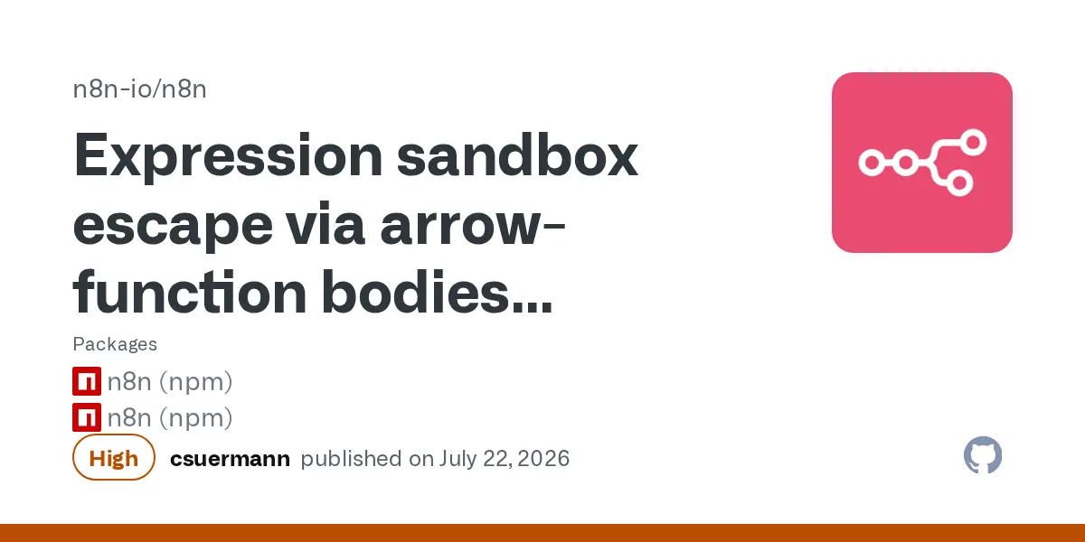 Preview image for Expression sandbox escape via arrow-function bodies enabling command execution