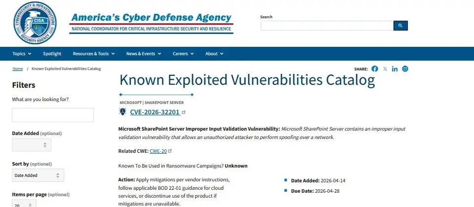 Preview image for CISA在微軟揭露SharePoint漏洞當下即同步納入KEV清單，顯示風險急迫