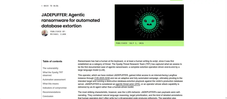 Preview image for 駭客團體JadePuffer濫用AI從事勒索軟體攻擊，利用Langflow弱點取得初始入侵管道