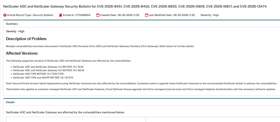 Preview image for Citrix修補NetScaler ADC與Gateway 6項漏洞，包含可能導致敏感資訊外洩或阻斷服務攻擊的重大漏洞