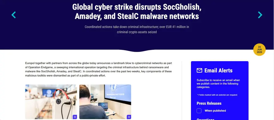 Preview image for 執法行動Operation Endgame瓦解惡意軟體Amadey、StealC、SocGholish的犯罪網路