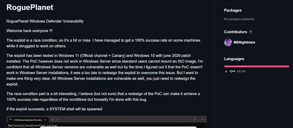 Preview image for 研究人員揭露新的Microsoft Defender零時差漏洞RoguePlanet