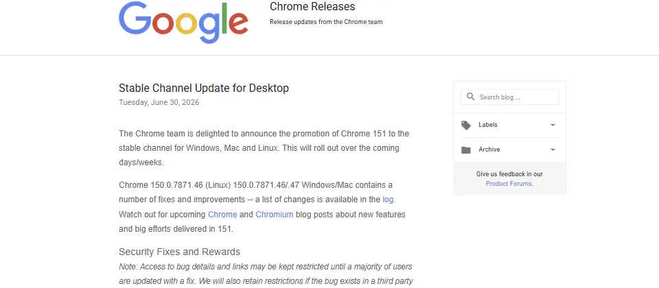 Preview image for Google發布Chrome 150穩定版，修補382項漏洞，15項屬於重大等級