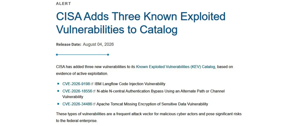 Preview image for CISA警告IBM Langflow、N-central、Apache Tomcat漏洞遭到利用