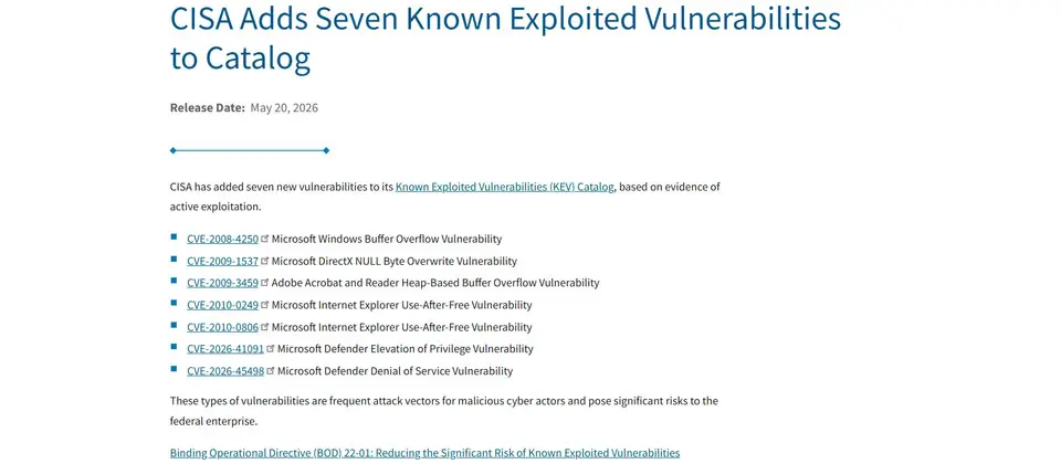 Preview image for CISA將Microsoft Defender零時差漏洞列入KEV