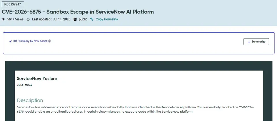 Preview image for ServiceNow揭露AI平臺重大等級的RCE漏洞