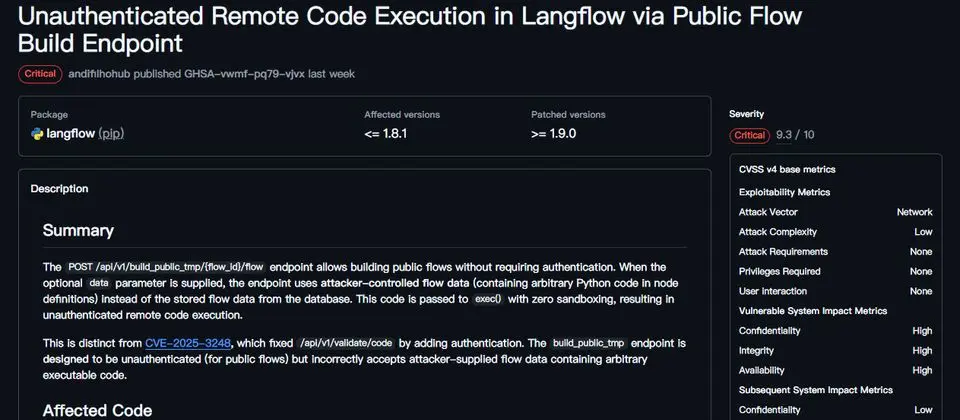 Preview image for 大型語言模型開發工具Langflow存在重大漏洞，未經驗證的攻擊者可用於執行任意程式碼