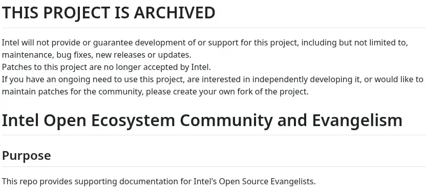 Preview image for Intel Ends Open Ecosystem Community/Evangelism, Archives Other Open-Source Projects