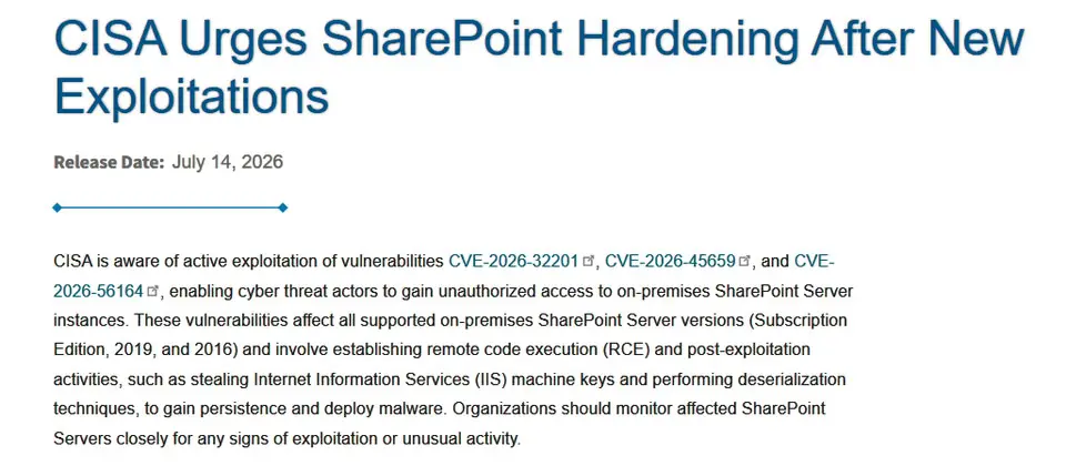 Preview image for CISA警告新一波鎖定SharePoint資安漏洞的攻擊活動，呼籲用戶儘速強化防護