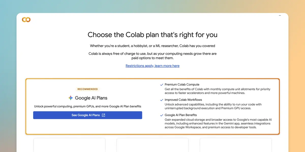 Preview image for Colab is now part of your Google AI plan- Google Developers Blog