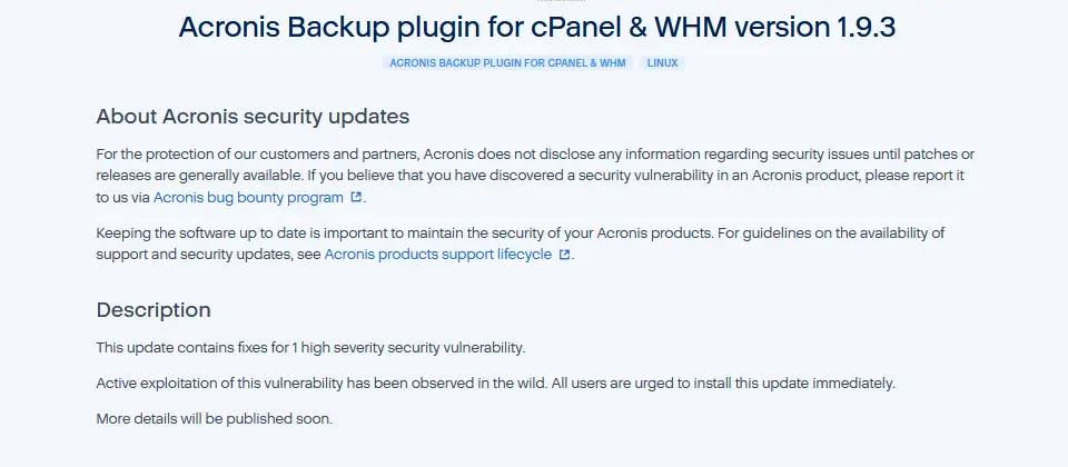 Preview image for Acronis修補cPanel與WHM備份外掛高風險漏洞，警示已遭攻擊者利用