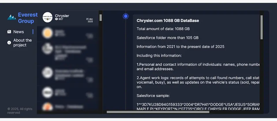Preview image for 勒索軟體Everest駭客宣稱竊得克萊斯勒包含Salesforce等1TB資料