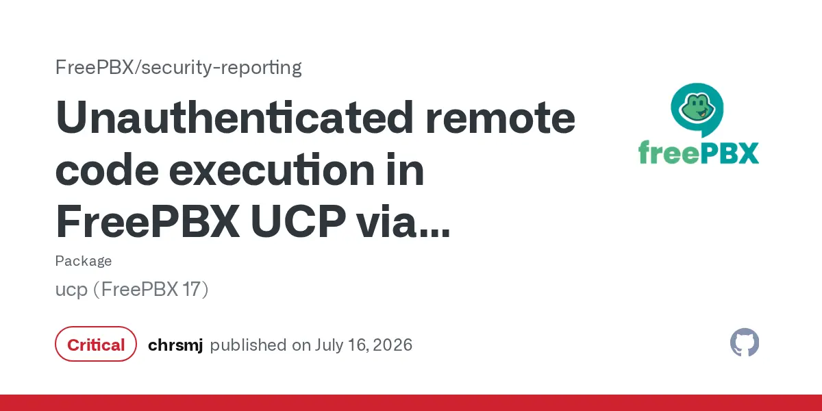 Preview image for Unauthenticated remote code execution in FreePBX UCP via socket.io namespace auth bypass and AMI action injection